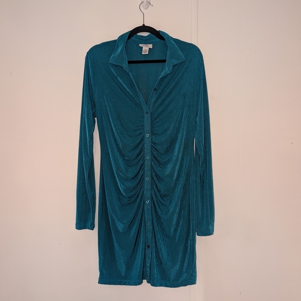Blue Ruched Long Sleeve Dress with Notched Collar Baddie